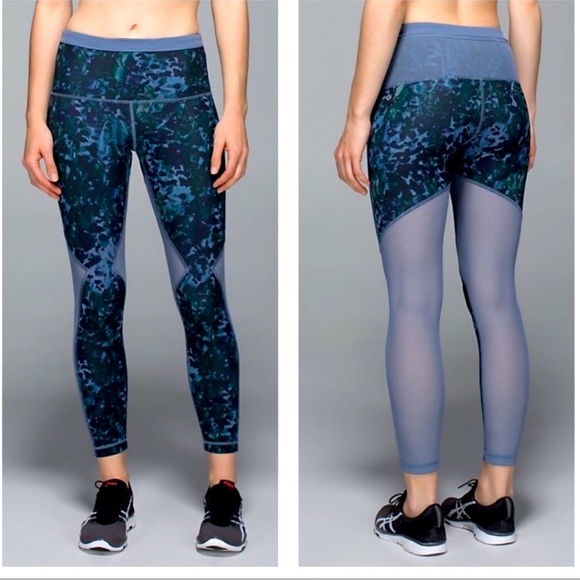 Lululemon Running In The City Teal Pattern Mesh Tight Leggings - Picture 1 of 16